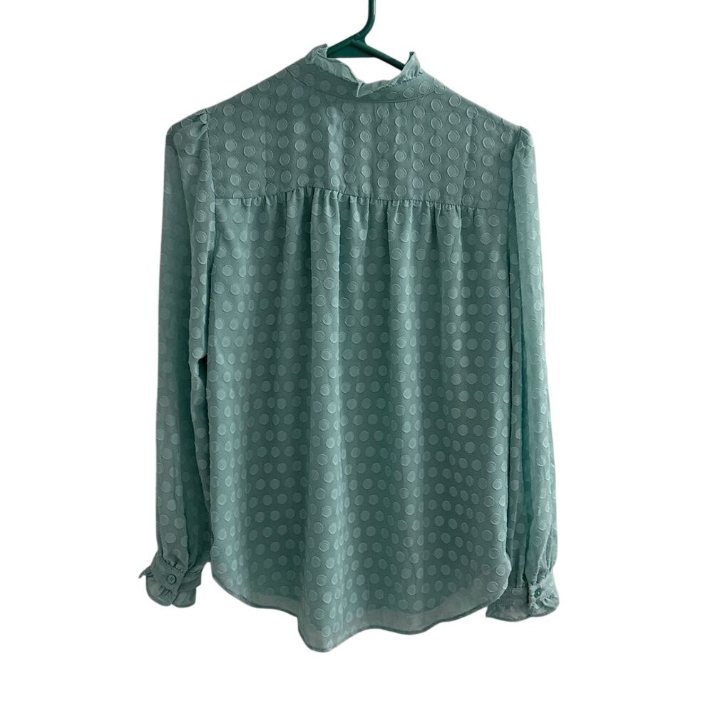 Ann Taylor Seafoam Green Clip Dot Ruffle Neck Button Blouse Petite Small SP - Picture 5 of 6